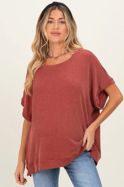 PinkBlush Rust Solid Ribbed Short Sleeve Oversized Maternity Tunic Top