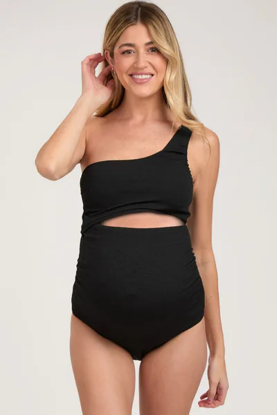 PinkBlush Black Asymmetrical One Shoulder Side Cutout One-Piece Maternity Swimsuit