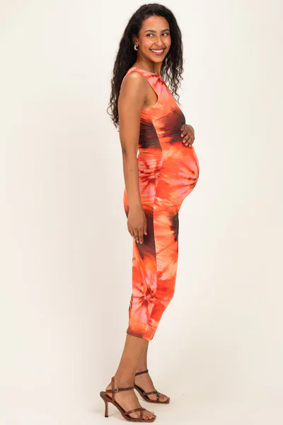 PinkBlush Coral Multi Tie Dye Mesh Maternity Maxi Dress With Side Ruching