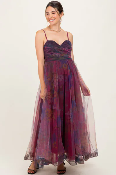 PinkBlush Magenta Floral Mesh Tulle Overlay Maternity Maxi Dress