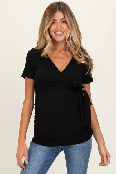 PinkBlush Black Wrap Front Tie Maternity/Nursing Top