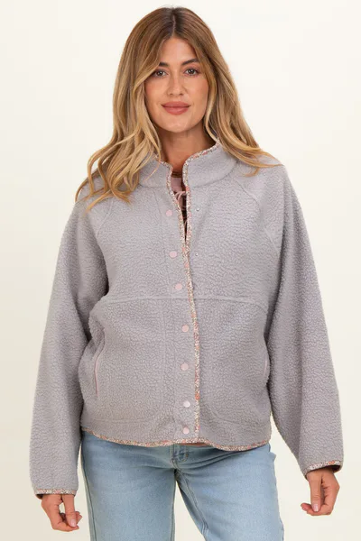 PinkBlush Grey Floral Trim Fleece Snap Button Maternity Jacket