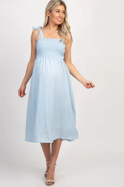 PinkBlush Light Blue Strap Tie Smocked Maternity Dress