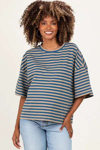 PinkBlush Tan Oversized Striped Maternity Boyfriend Tee