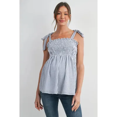 Target Hello Miz Women's Striped Smocked Square Neck Tie Strap Maternity Top - Denim - Medium