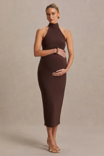 Club L London Mireille | Brown Halter-Neck Maternity Midi Dress