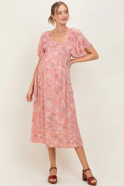 PinkBlush Pink Floral Smocked Maternity Midi Dress