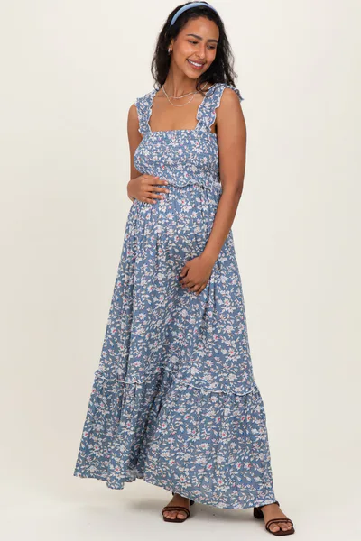 PinkBlush Blue Floral Smocked Ruffle Accent Maternity Maxi Dress