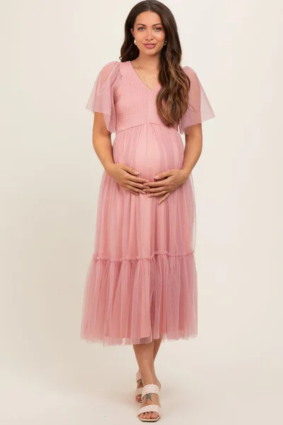 PinkBlush Mauve Dotted Tulle Smocked Maternity Midi Dress