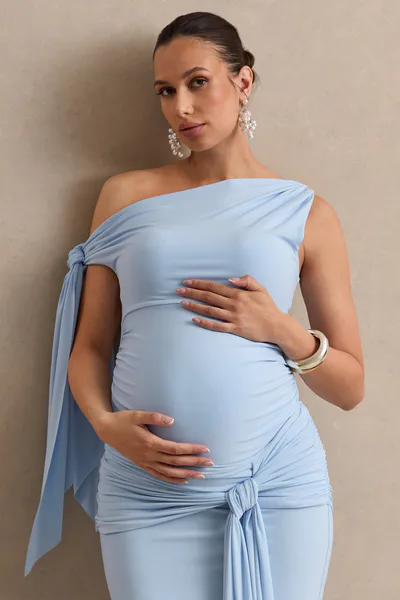 Club L London Cataleya | Light Blue Asymmetric-Neck Maternity Top With Knot And Sash Detail