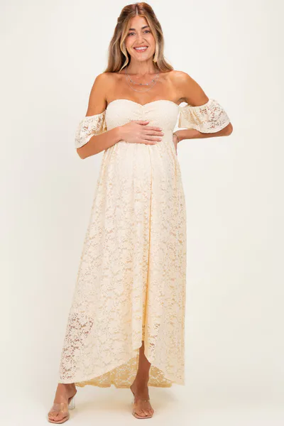 PinkBlush Ivory Lace Off Shoulder Maternity Maxi Dress