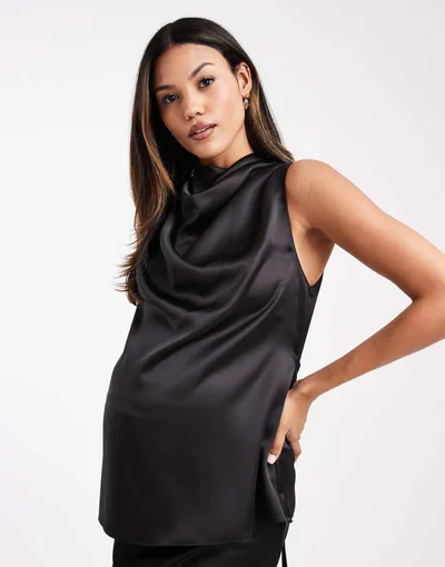 ASOS sleeveless cowl top with tie detail in satin in black