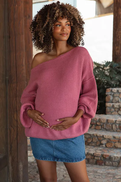 PinkBlush Mauve Balloon Sleeve Boat Neck Knit Maternity Sweater