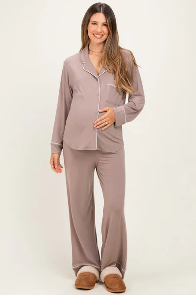 PinkBlush Cocoa Button Down Top Wide Leg Pant Maternity Pajama Set