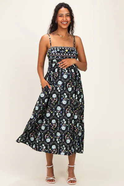 PinkBlush Black Floral Sleeveless Maternity Midi Dress