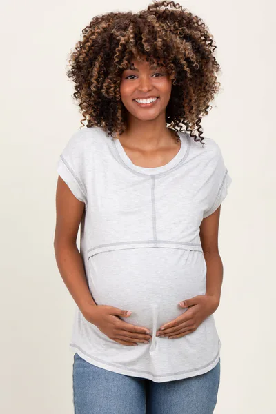 PinkBlush Heather Gray Double Layer Short Sleeve Maternity Nursing Top