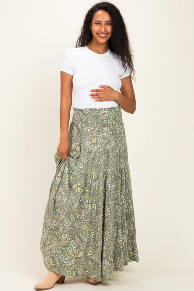 PinkBlush Olive Floral Tiered Smocked Waist Maternity Maxi Skirt
