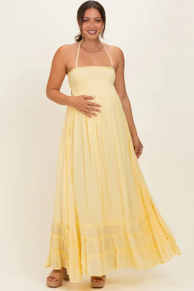 PinkBlush Yellow Smocked Halter Open Back Maternity Maxi Dress