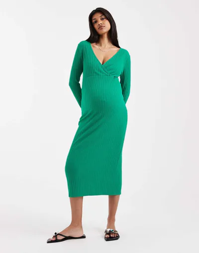 ASOS Mamalicious Maternity wrap long sleeve ribbed nursing midi dress in green