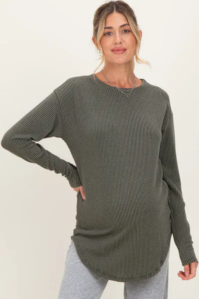 PinkBlush Olive Solid Ribbed Long Sleeve Maternity Tunic Top