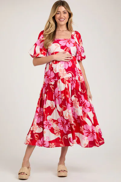 PinkBlush Red Floral Tiered Puff Sleeve Maternity Midi Dress