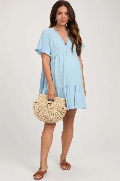 PinkBlush Light Blue Ruffle Hem Maternity Dress