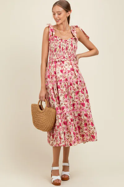 PinkBlush Pink Floral Smocked Ruffled Lace Trim Maternity Midi Dress