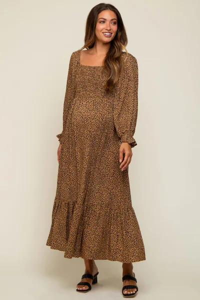 PinkBlush Camel Leopard Print Square Neck Smocked Maternity Midi Dress
