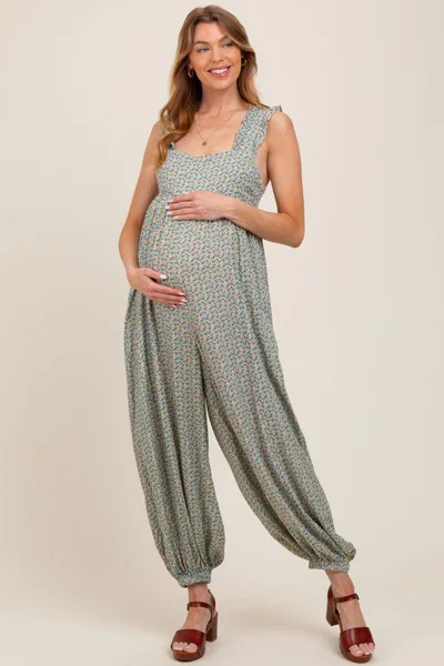 PinkBlush Green Floral Ruffle Strap Barrel Leg Maternity Jumpsuit