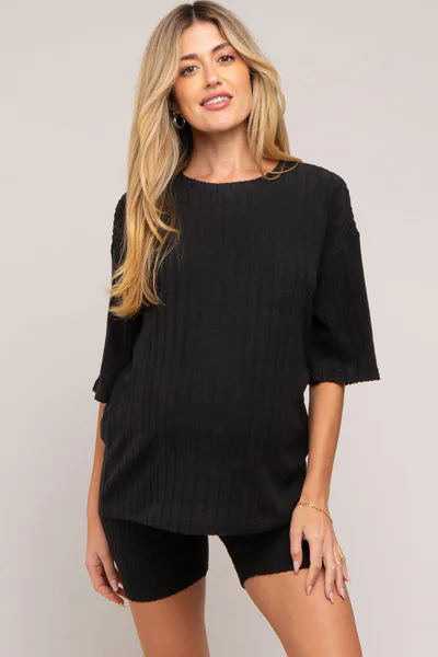 PinkBlush Black Ribbed Soft Short Sleeve Maternity Shorts Set