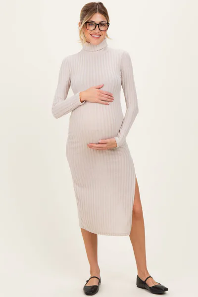 PinkBlush Beige Ribbed Knit Turtleneck Side Slit Maternity Dress