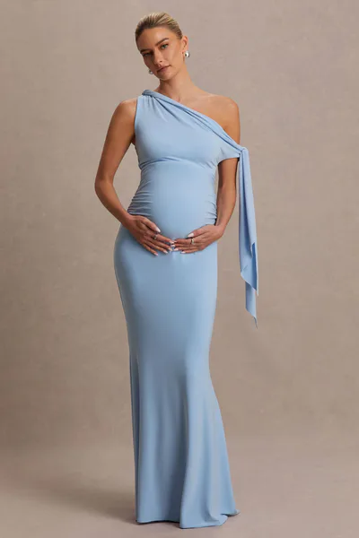Club L London Orielle | Powder Blue Asymmetric-Neck Maternity Maxi Dress With Knot-Sleeve And Sash