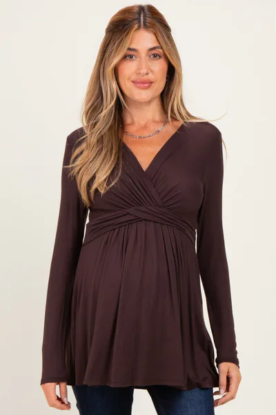 PinkBlush PinkBlush Brown Long Sleeve Draped Front Maternity Nursing Top