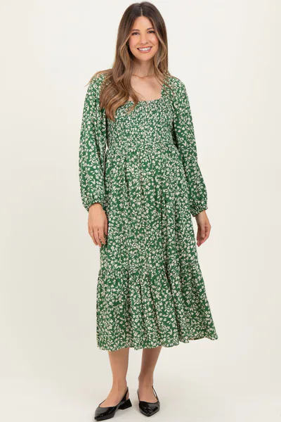 PinkBlush Green Floral Square Neck Maternity Maxi Dress