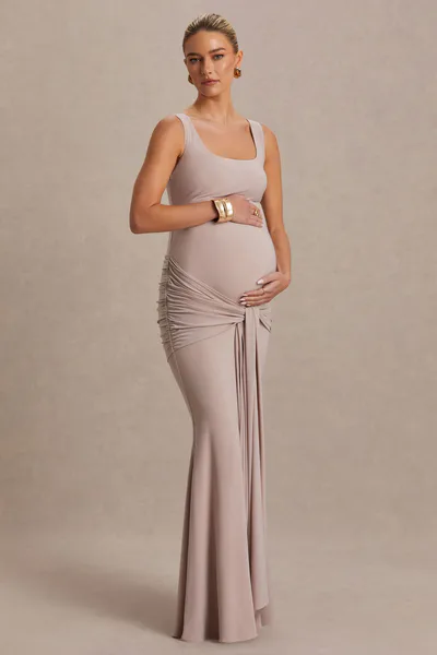 Club L London Baylin | Nude Square-Neck Maternity Maxi Dress With Ruched Detailing And Sash