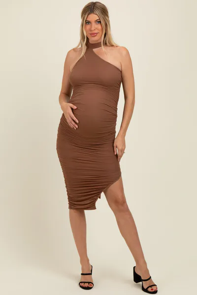 PinkBlush Mocha Mesh Draped Scarf Ruched Maternity Midi Dress