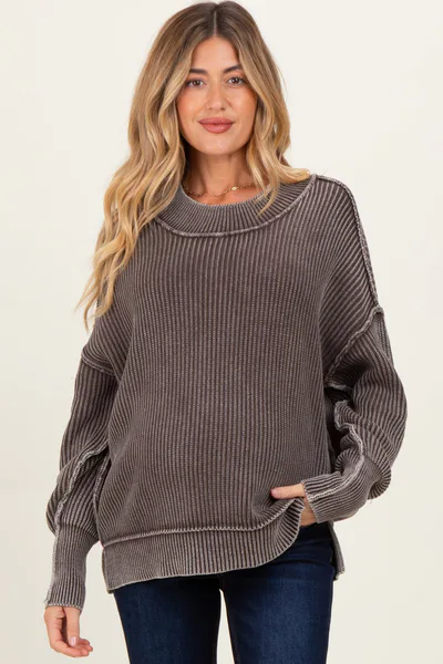 PinkBlush Brown Washed Side Slit Oversized Maternity Sweater