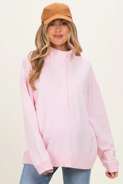 PinkBlush Light Pink Snap Collar Oversized Maternity Sweatshirt