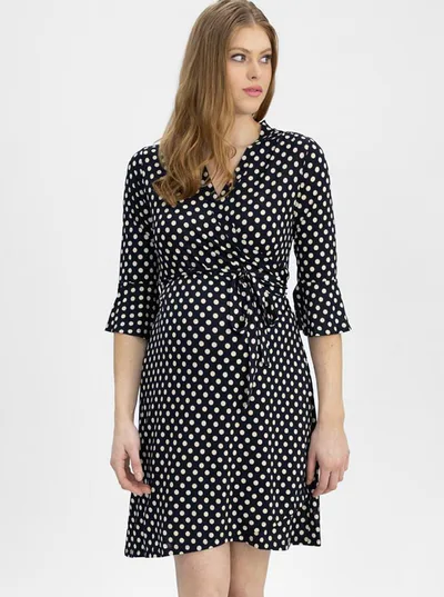 Angel Maternity Maternity and Nursing Polka Dot Wrap Dress - 3/4 Sleeve