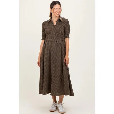 Target Pinkblush Brown Gingham Smocked Button Down Maternity Midi Dress XL