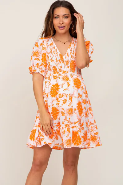 PinkBlush Orange Floral Smocked Puff Sleeve Maternity Dress