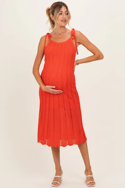 PinkBlush Red Orange Tied Shoulder Strap Maternity Midi Dress