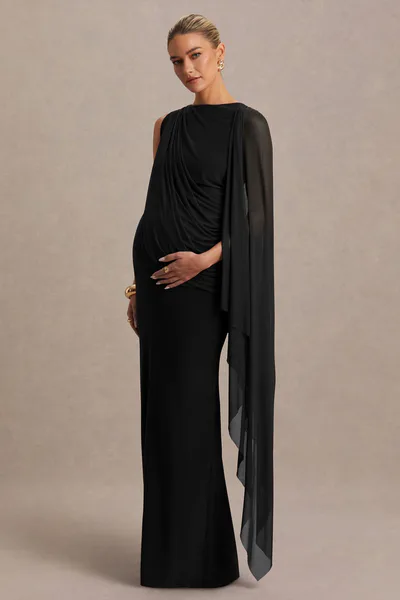 Club L London Cristina | Black High-Neck Maternity Maxi Dress With Cape-Sleeve