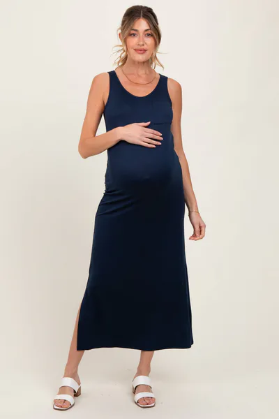 PinkBlush Navy Basic Pocket Sleeveless Maternity Maxi Dress