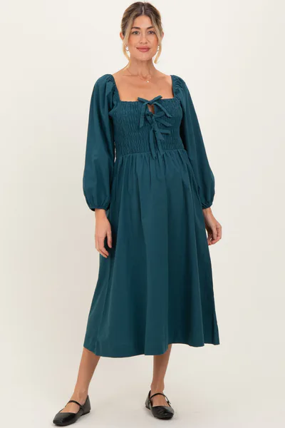 PinkBlush Forest Green Bow Detail Smocked Maternity Midi Dress