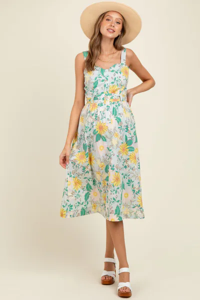 PinkBlush Green Floral Button Front Sash Tie Maternity Midi Dress