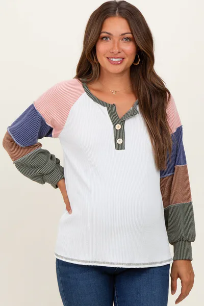 PinkBlush Olive Multi Textured Rib Colorblock Raglan Maternity Long Sleeve
