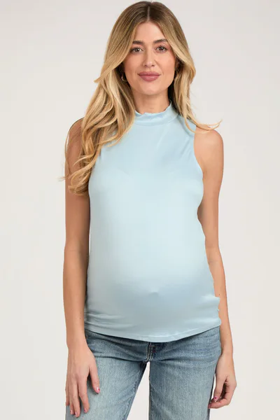 PinkBlush Light Blue Sleeveless Mock Neck Maternity Top