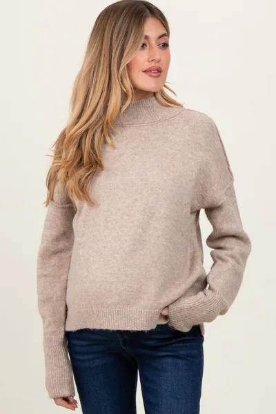 PinkBlush Light Taupe Mock Neck Contrast Seam Maternity Sweater