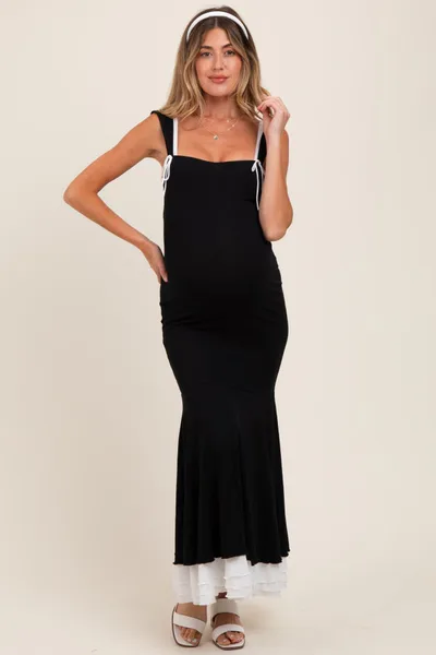 PinkBlush Black Knit Tie Detail Sleeveless Mermaid Maxi Maternity Dress